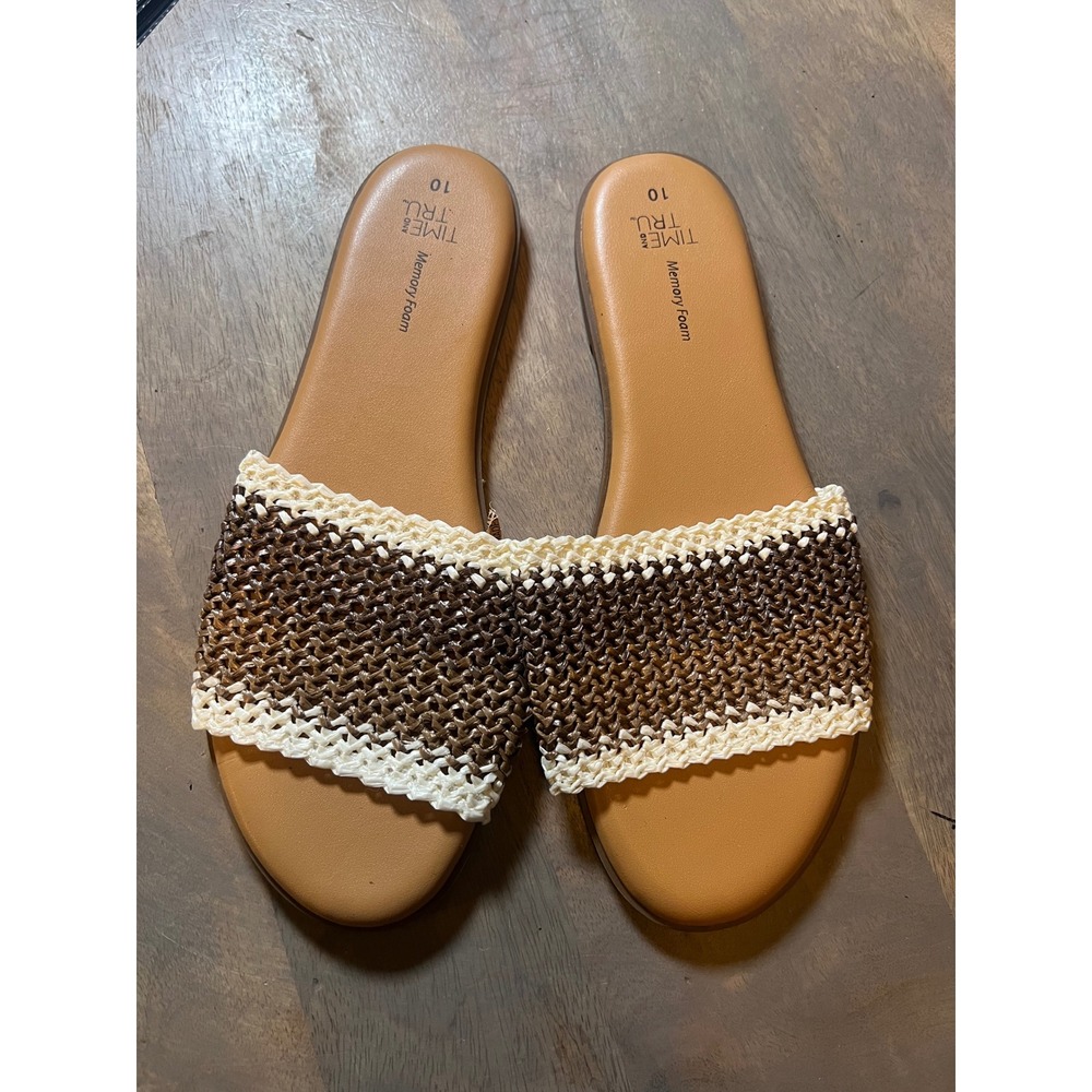 Time and Tru Womens Slide Sandals Woven Strap Brown Tan 10